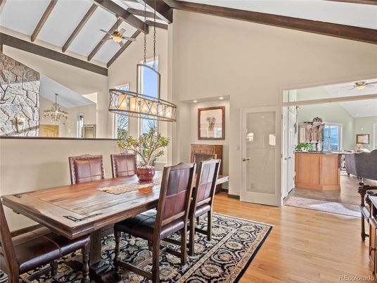 Chandelier, Dining room, Interior, Pendant Lights, Recessed Lighting, Wooden Beams, Wood Texture Flooring