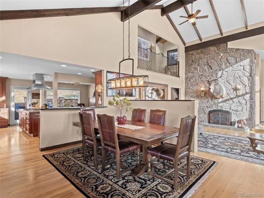 Dining room, Fireplace, Interior, Kitchen, Pendant Lights, Recessed Lighting, Stone Walls, Wood Texture Flooring