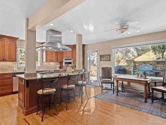 Dining room, Interior, Kitchen, Recessed Lighting, Stainless Steel Appliances, Wood Texture Flooring