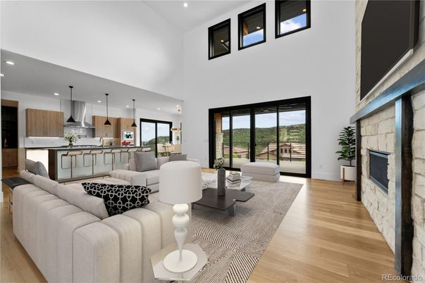 Dining room, Fireplace, Interior, Kitchen, Living room, Pendant Lights, Recessed Lighting, Stone Walls, Wood Texture Flooring