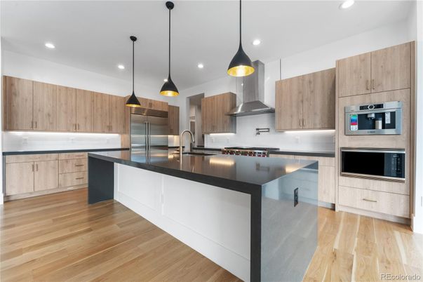 Interior, Kitchen, Pendant Lights, Recessed Lighting, Stainless Steel Appliances, Wood Texture Flooring