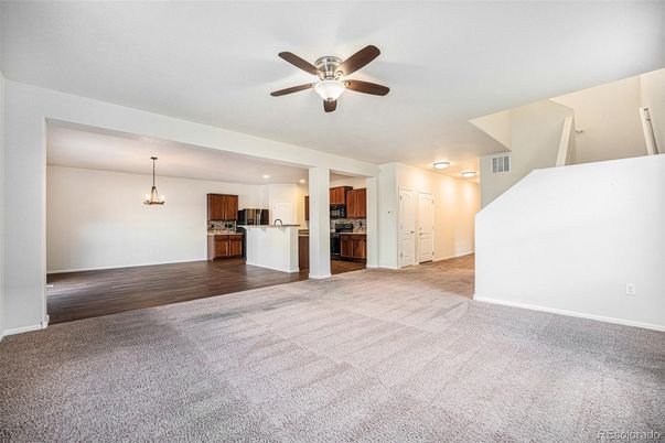 Empty room, Interior, Kitchen, Pendant Lights, Wood Texture Flooring