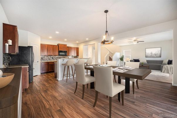 Dining room, Interior, Kitchen, Living room, Pendant Lights, Recessed Lighting, Wood Texture Flooring