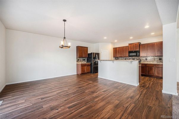 Interior, Kitchen, Pendant Lights, Recessed Lighting, Wood Texture Flooring