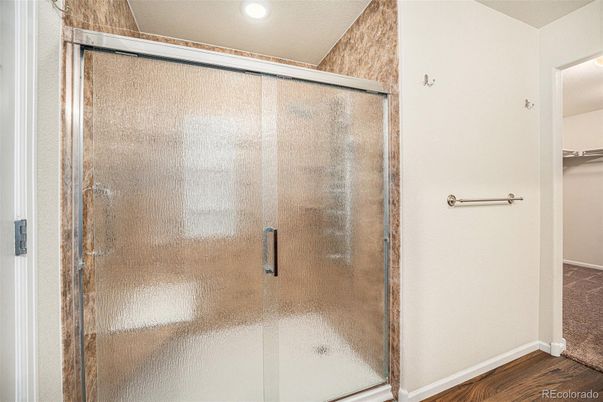 Bathroom, Glass Shower, Interior, Recessed Lighting, Walk-in Closets, Wood Texture Flooring