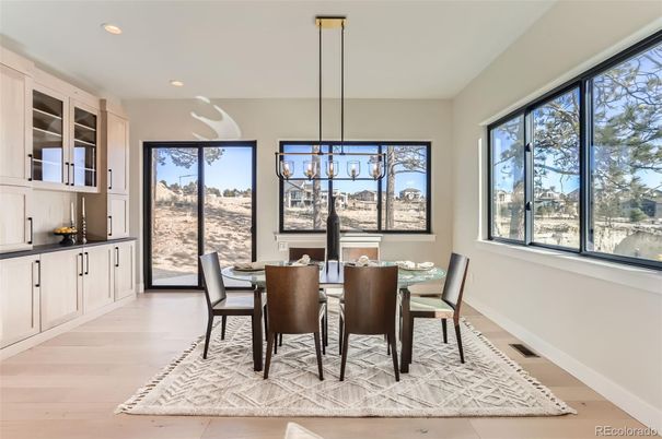 Dining room, Interior, Pendant Lights, Recessed Lighting, Wood Texture Flooring