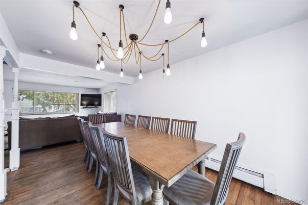 Dining room, Interior, Living room, Pendant Lights, Wood Texture Flooring