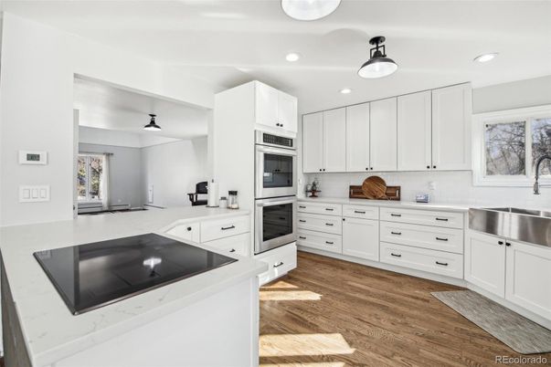 Interior, Kitchen, Pendant Lights, Recessed Lighting, Stainless Steel Appliances, Wood Texture Flooring