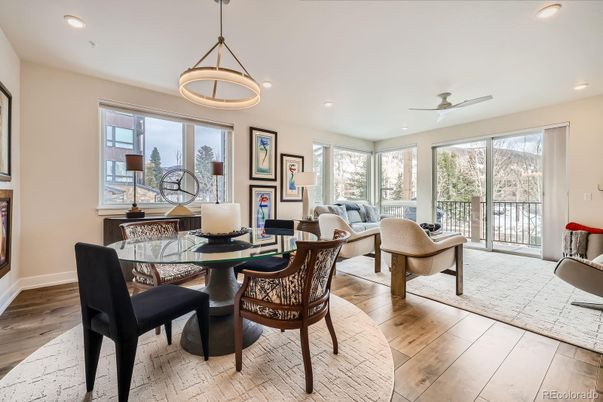Dining room, Interior, Living room, Pendant Lights, Recessed Lighting, Wood Texture Flooring
