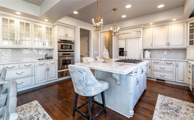 Chandelier, Interior, Kitchen, Pendant Lights, Recessed Lighting, Stainless Steel Appliances, Wood Texture Flooring