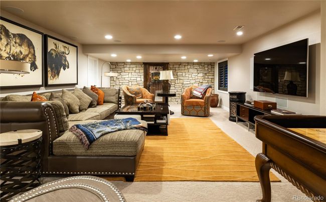 Interior, Living room, Recessed Lighting, Stone Walls, Wood Texture Flooring