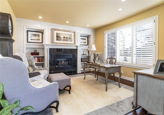 Fireplace, Home Office, Interior, Recessed Lighting, Wood Texture Flooring