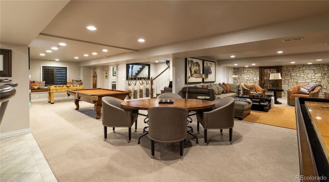 Billiard Table, Dining room, Game Room, Interior, Living room, Recessed Lighting, Stone Walls, Wood Texture Flooring