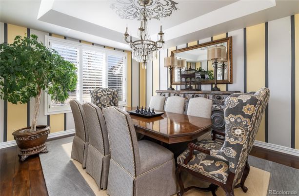 Chandelier, Dining room, Interior, Wood Texture Flooring