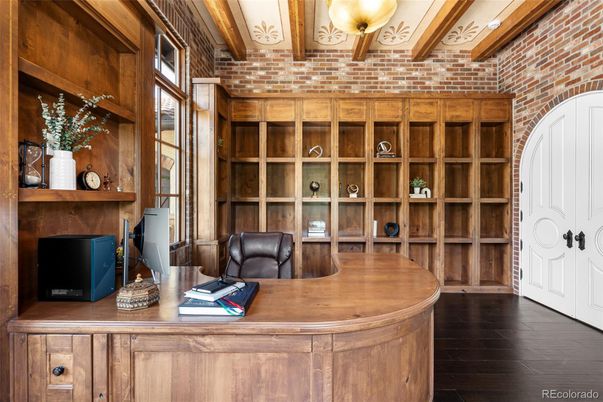 Home Office, Interior, Stone Walls, Wooden Beams, Wood Texture Flooring