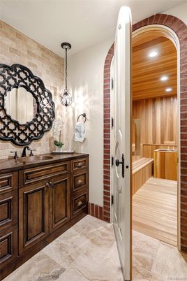 Interior, Pendant Lights, Recessed Lighting, Sauna Room, Stone Walls