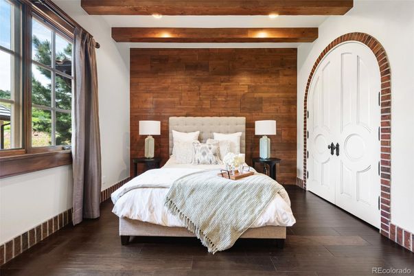 Bedroom, Interior, Recessed Lighting, Wooden Beams, Wood Texture Flooring, Wooden Walls