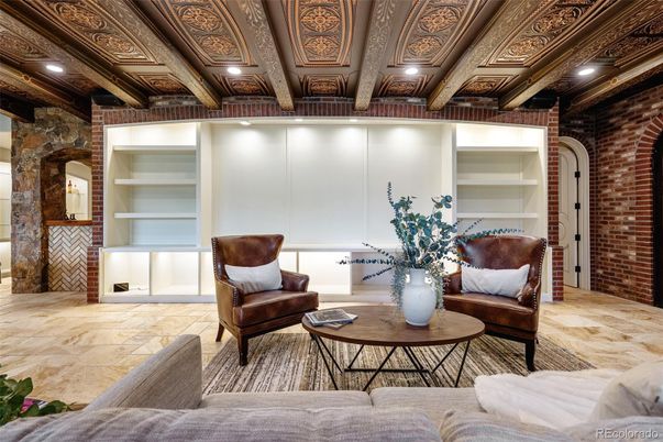 Interior, Living room, Recessed Lighting, Stone Walls, Wooden Beams