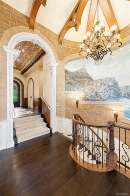 Chandelier, Interior, Stone Walls, Wooden Beams, Wood Texture Flooring