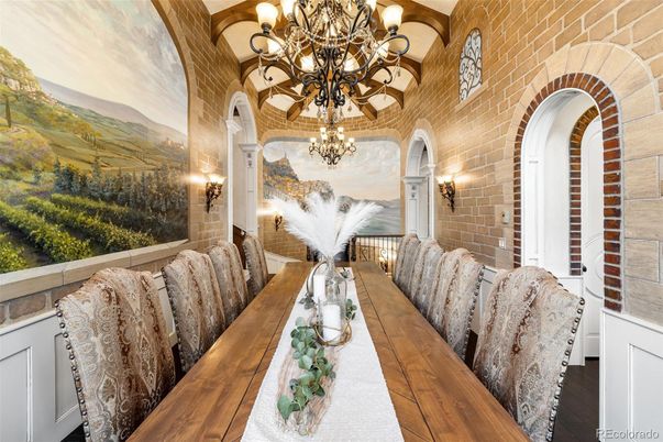 Chandelier, Dining room, Interior, Stone Walls, Wooden Beams