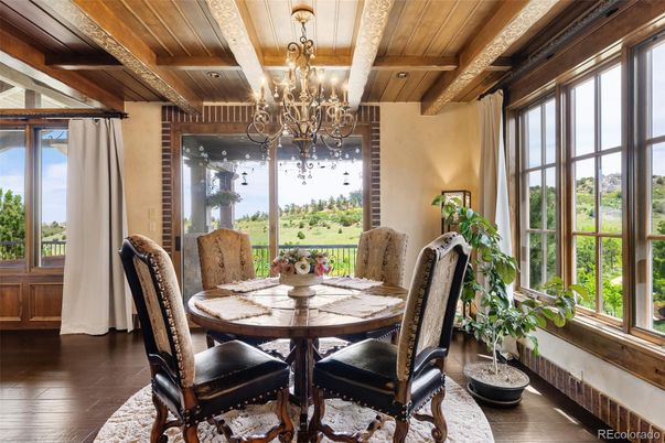 Chandelier, Dining room, Interior, Wooden Beams, Wooden Ceilings, Wood Texture Flooring