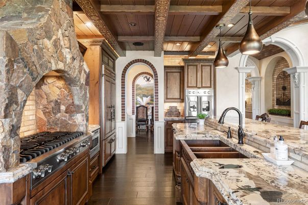 Interior, Kitchen, Pendant Lights, Recessed Lighting, Stainless Steel Appliances, Stone Walls, Wooden Beams, Wooden Ceilings, Wood Texture Flooring