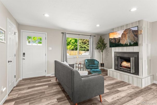 Fireplace, Interior, Living room, Recessed Lighting, Wood Texture Flooring