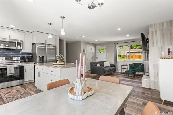 Interior, Kitchen, Living room, Pendant Lights, Recessed Lighting, Stainless Steel Appliances, Wood Texture Flooring