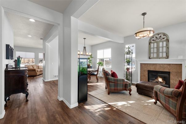 Chandelier, Fireplace, Interior, Living room, Pendant Lights, Piano, Recessed Lighting, Wood Texture Flooring