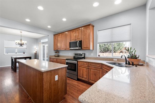 Chandelier, Interior, Kitchen, Recessed Lighting, Wood Texture Flooring