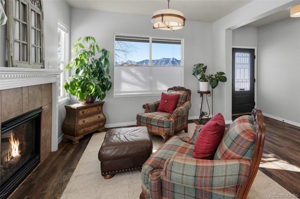 Fireplace, Interior, Living room, Pendant Lights, Wood Texture Flooring