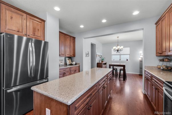 Chandelier, Dining room, Interior, Kitchen, Recessed Lighting, Wood Texture Flooring