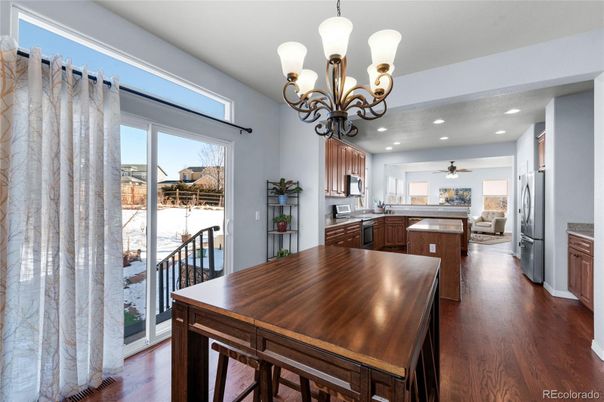 Chandelier, Dining room, Interior, Kitchen, Living room, Recessed Lighting, Wood Texture Flooring
