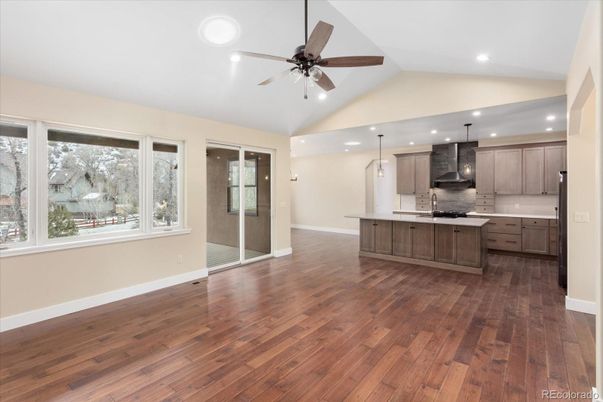 Empty room, Interior, Kitchen, Pendant Lights, Recessed Lighting, Wood Texture Flooring