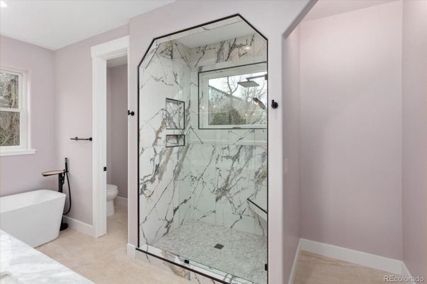 Bathroom, Free Standing Baths, Glass Shower, Interior, Marble Walls