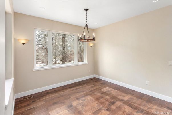 Empty room, Interior, Pendant Lights, Recessed Lighting, Wood Texture Flooring