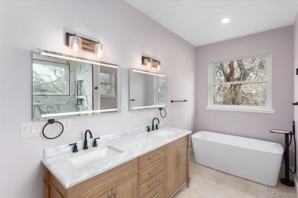 Bathroom, Dual Sink Vanities, Free Standing Baths, Interior, Marble Walls, Recessed Lighting