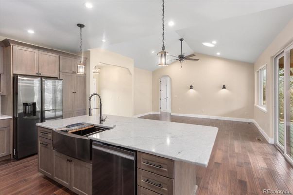 Interior, Kitchen, Pendant Lights, Recessed Lighting, Wood Texture Flooring