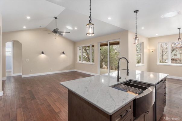Interior, Kitchen, Pendant Lights, Recessed Lighting, Wood Texture Flooring