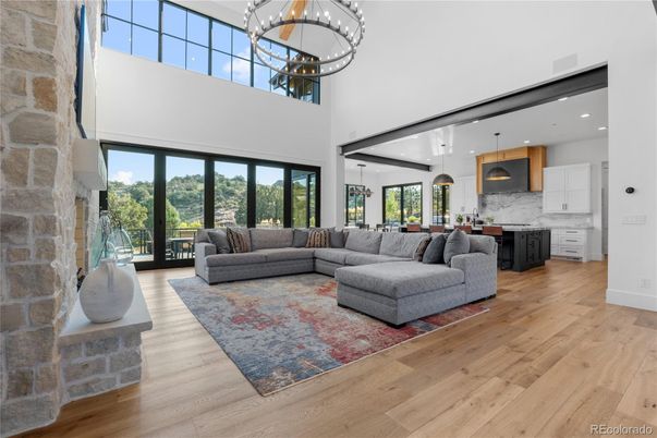 Interior, Kitchen, Living room, Marble Walls, Pendant Lights, Recessed Lighting, Stone Walls, Wood Texture Flooring