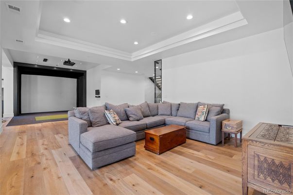 Interior, Living room, Projection Screen, Recessed Lighting, Wood Texture Flooring
