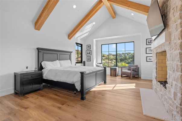 Bedroom, Fireplace, Interior, Recessed Lighting, Wooden Beams, Wood Texture Flooring