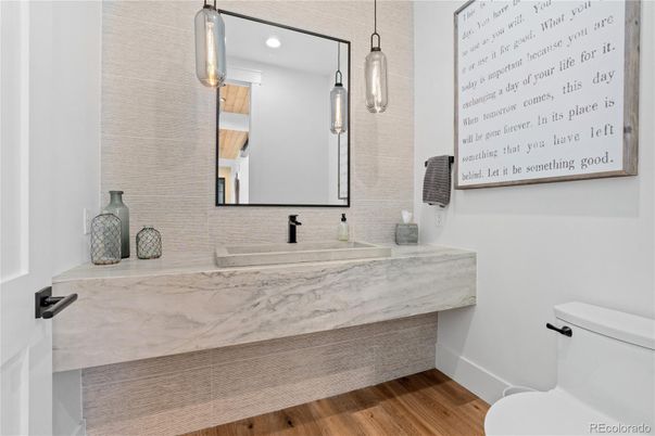 Bathroom, Interior, Pendant Lights, Recessed Lighting, Wood Texture Flooring