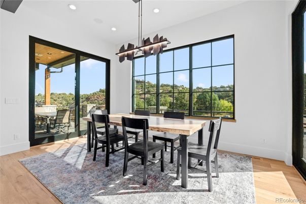 Dining room, Interior, Pendant Lights, Recessed Lighting, Wood Texture Flooring