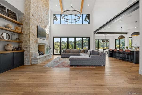 Fireplace, Interior, Living room, Pendant Lights, Recessed Lighting, Stone Walls, Wooden Beams, Wood Texture Flooring
