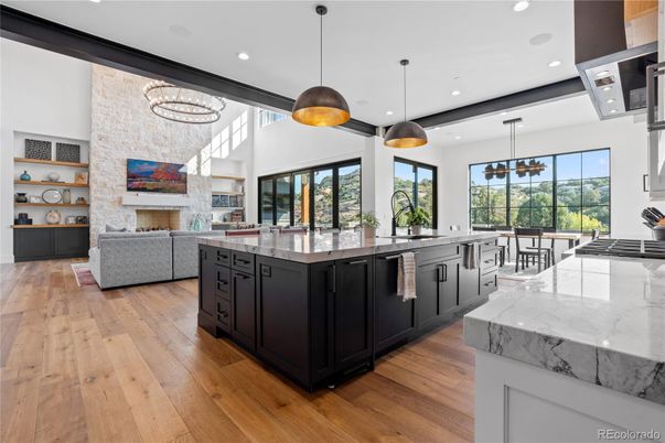 Fireplace, Interior, Kitchen, Living room, Pendant Lights, Recessed Lighting, Stone Walls, Wood Texture Flooring