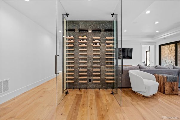Interior, Living room, Recessed Lighting, Wine Storage, Wood Texture Flooring