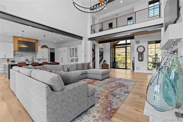Interior, Kitchen, Living room, Marble Walls, Pendant Lights, Recessed Lighting, Wood Texture Flooring