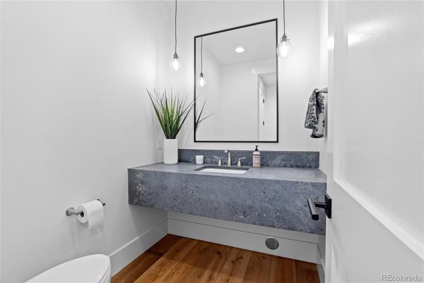 Bathroom, Interior, Pendant Lights, Recessed Lighting, Wood Texture Flooring