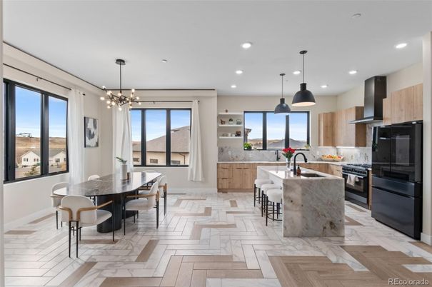 Dining room, Interior, Kitchen, Marble, Pendant Lights, Recessed Lighting, Stainless Steel Appliances